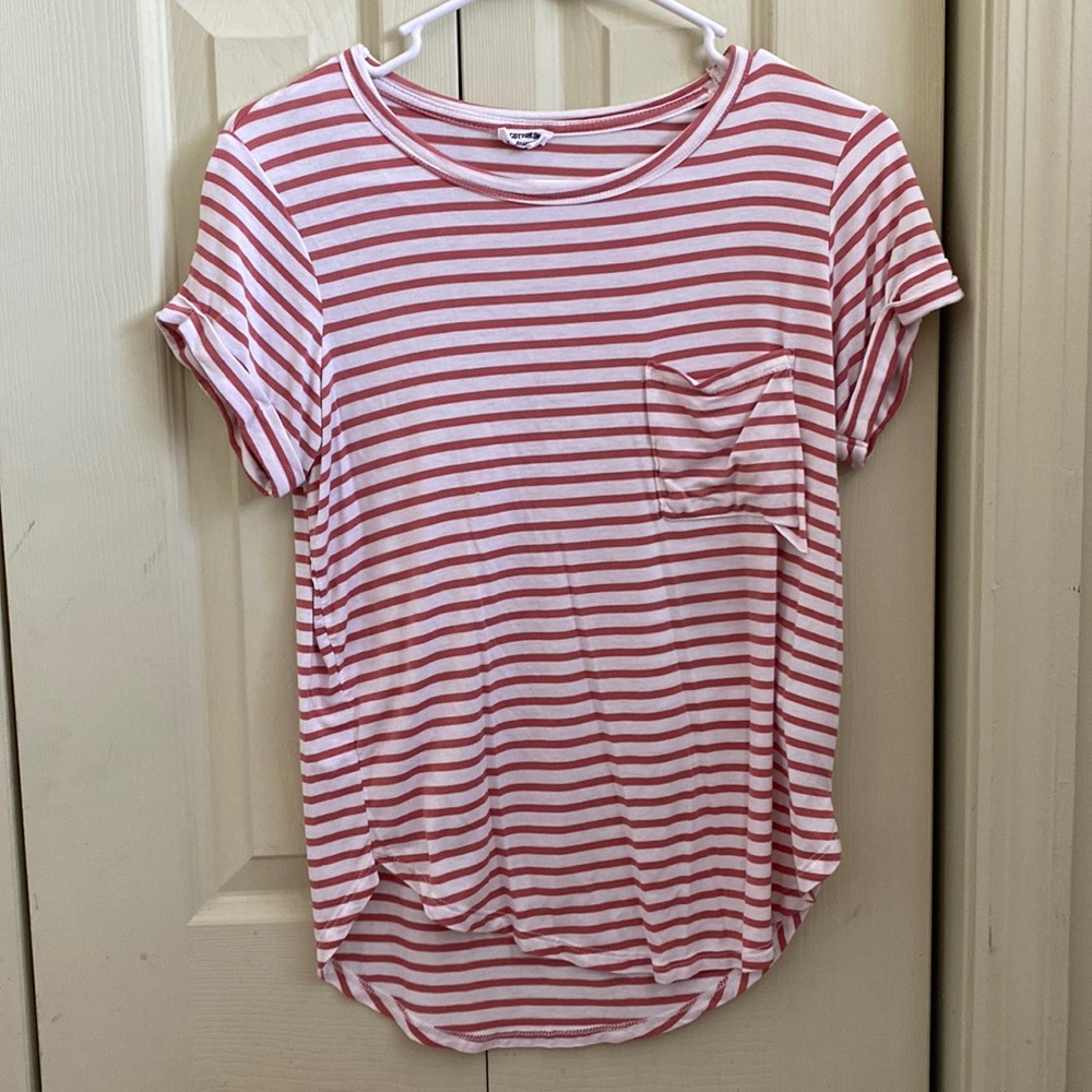 peach and white striped shirt